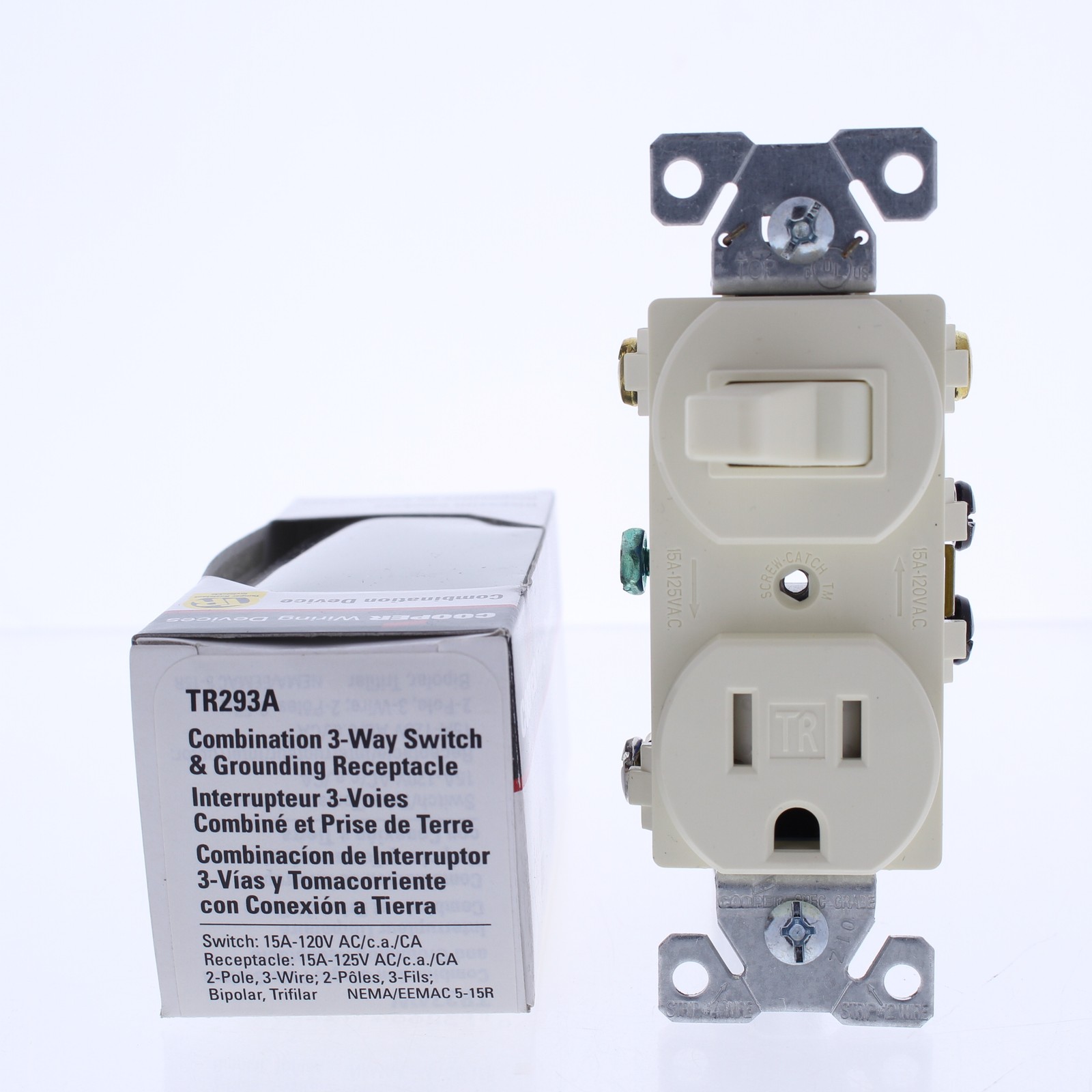 Cooper TR293A Almond Tamper Resistant 3-Way Toggle Switch 15A Outlet Receptacle