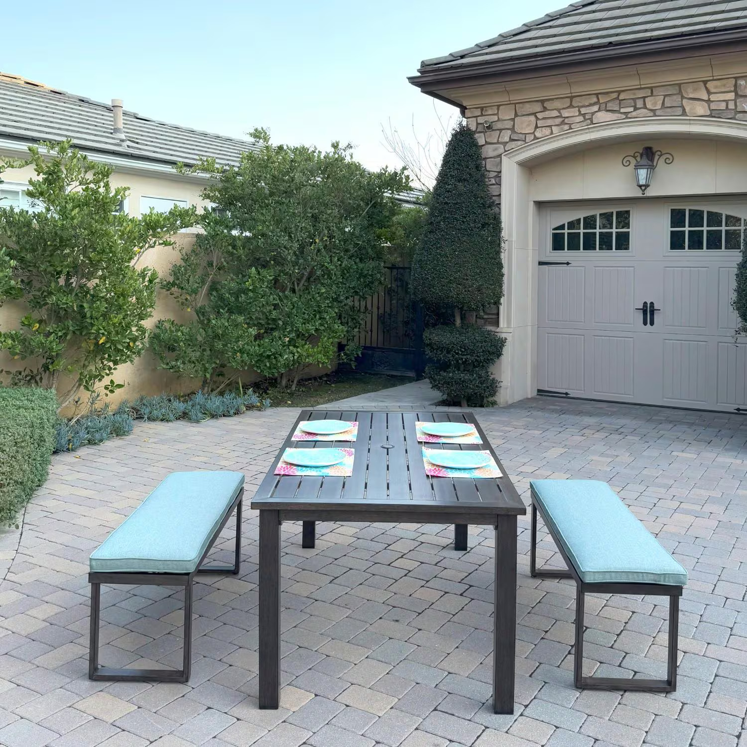 Atlantis 3 Pc Aluminum Dining Set 2 Two Person Benches in Walnut/Spa by Darlee