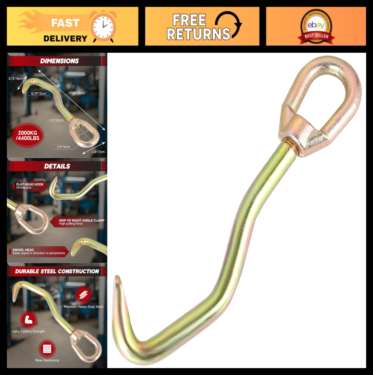 Auto Body Pulling Clamp & Frame Puller Hook | Dent Repair Tool with Swivel Head