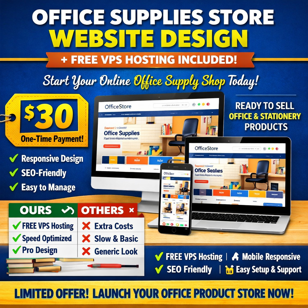 Office Supplies Store Website Design for Sale with Free VPS Web Hosting