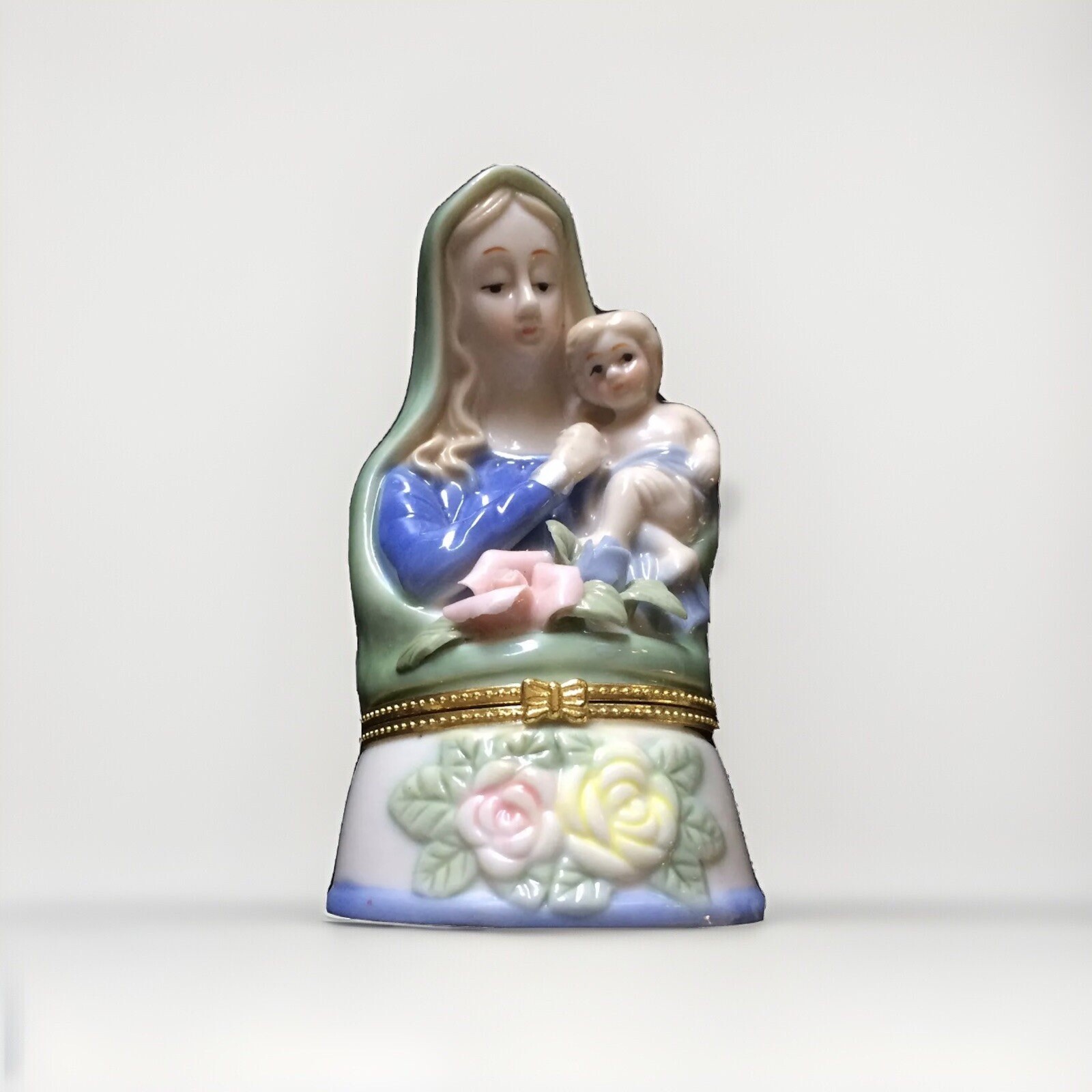 Vintage Porcelain Trinket Box, Mary & Jesus, Religious Trinket Box, 5 1/2" Tall