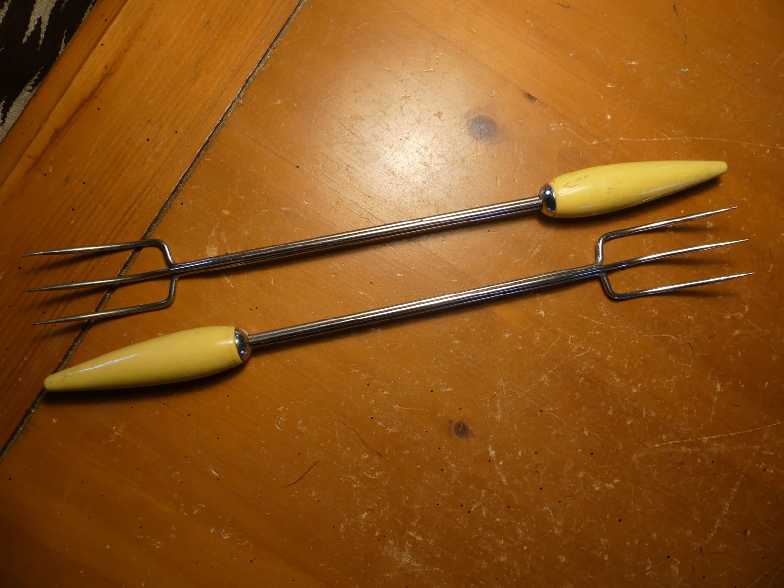 2- Vintage Forks Wood Handle Matching Pair Yellow Wood Handles Mid Century