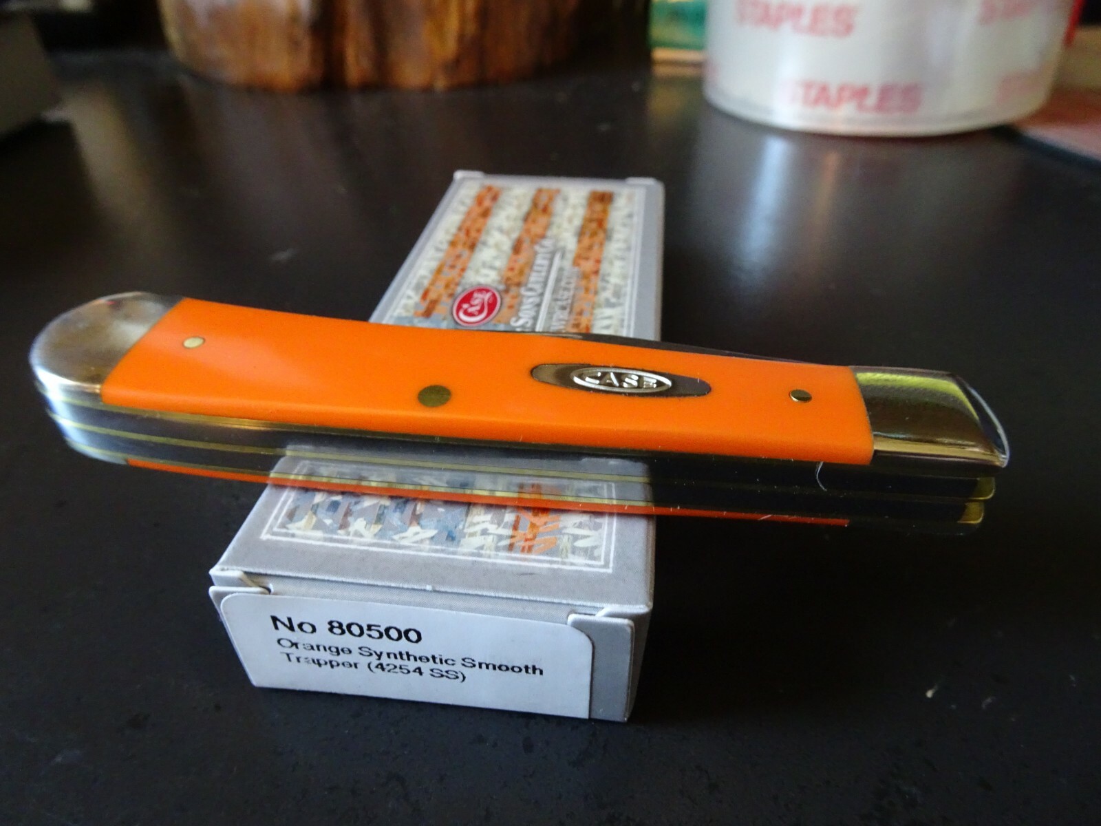 CASE XX 3.5" ORANGE MINI TRAPPER SYNTHETIC HANDLE POCKET KNIFE 2- TRU-SHARP BL