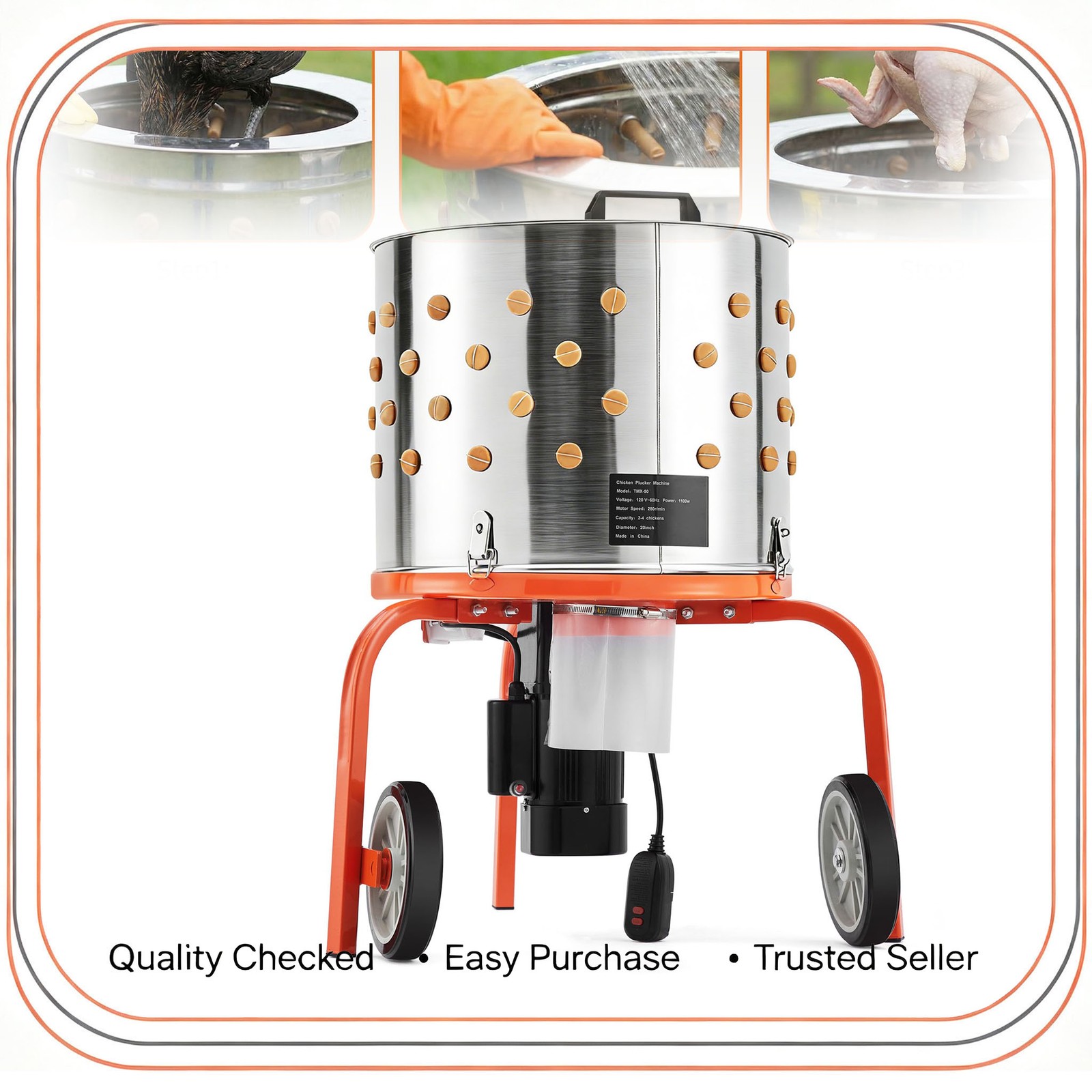 20Inch Chicken Plucker Machine Poultry Plucker 3500RPM Motor 108 Fingers SS Drum