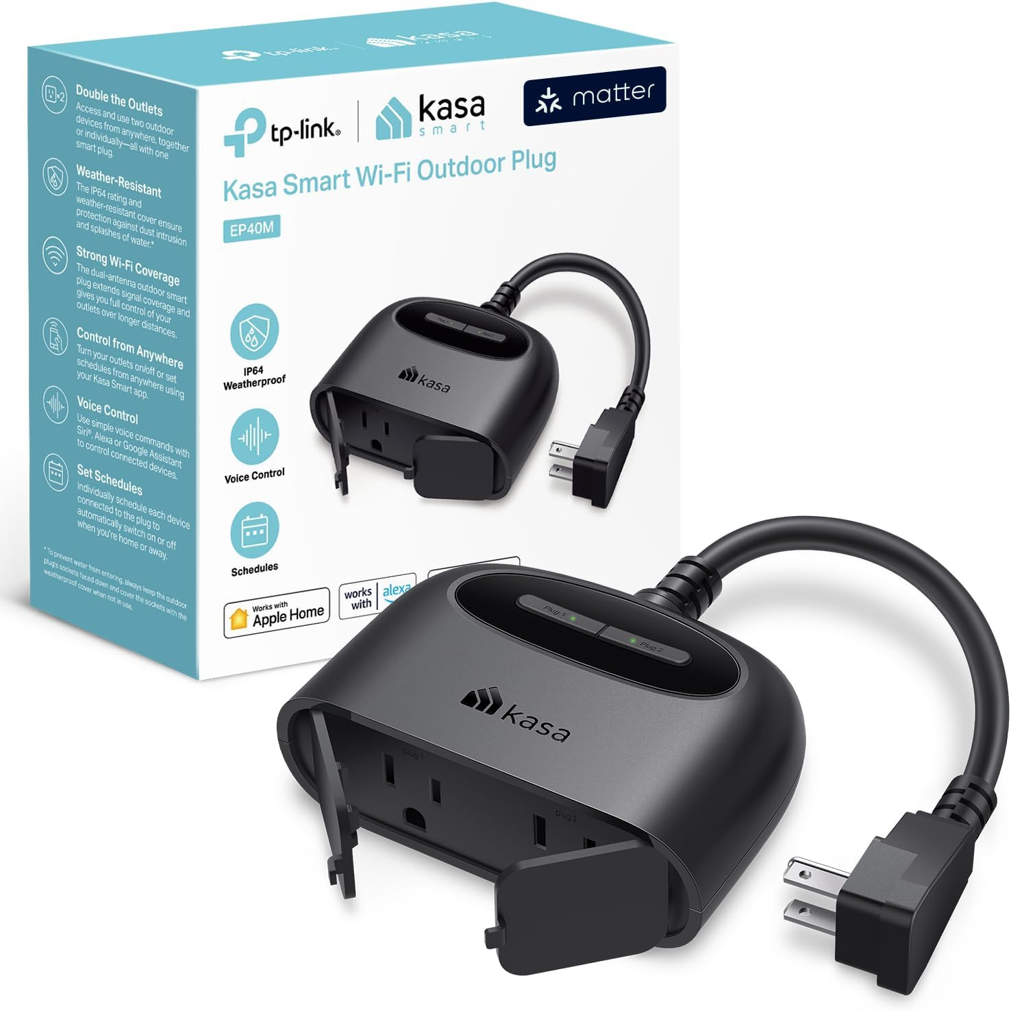Kasa Matter Smart Outdoor Plug, Dual Outlet, EP40M, No Hub Required | IP64