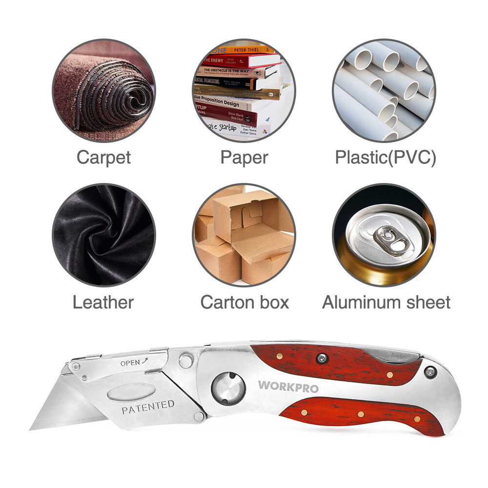 WORKPRO Folding Utility Knife Quick-Change Box Cutter Retro Wood Grain Handle US