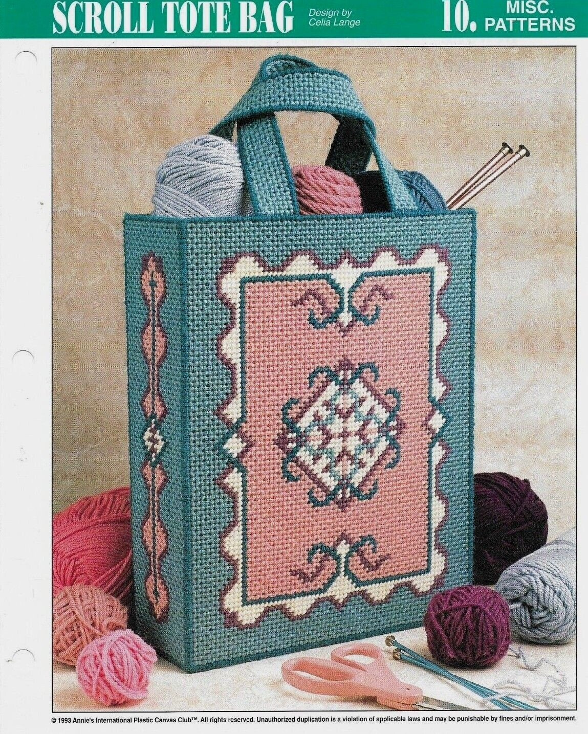 NEW SCROLL TOTE BAG HOME DECOR ANNIE'S PLASTIC CANVAS PATTERN INSTRUCTIONS