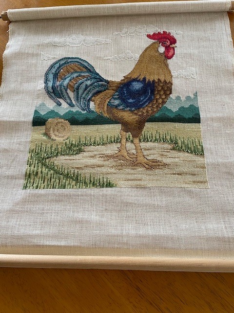Wooden Embroidery Scroll with Completed Crossstitch Rooster