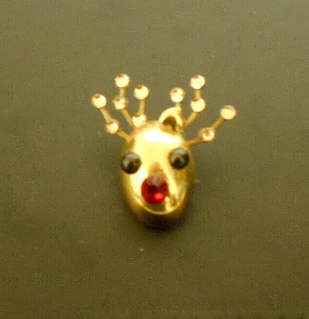 Christmas Reindeer Head Gold Tone Rhinestone  Label Pin 1 1/2"