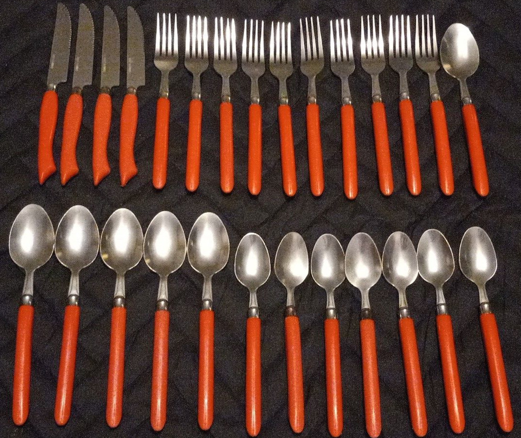 Vtg Lot Of 27 MCM Red Swooped Plastic Handle Mixed Flatware Piece Lot