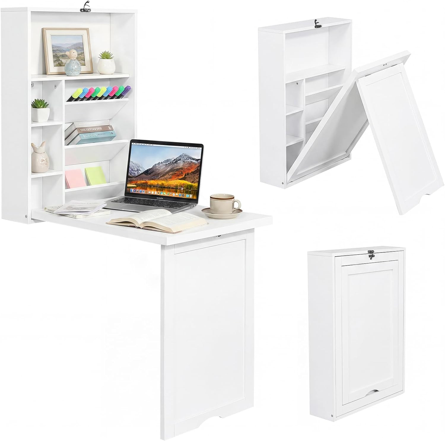 Folding Wall Mounted Desk, Convertible Fold Out Floating Table with Storage Shel