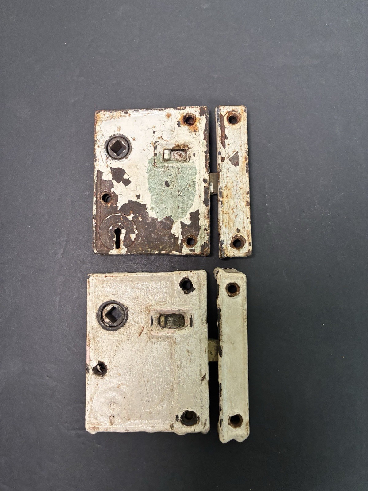 Two Antique Cast Iron Rim Locks with Keepers 4” | No Keys | Historic House Parts