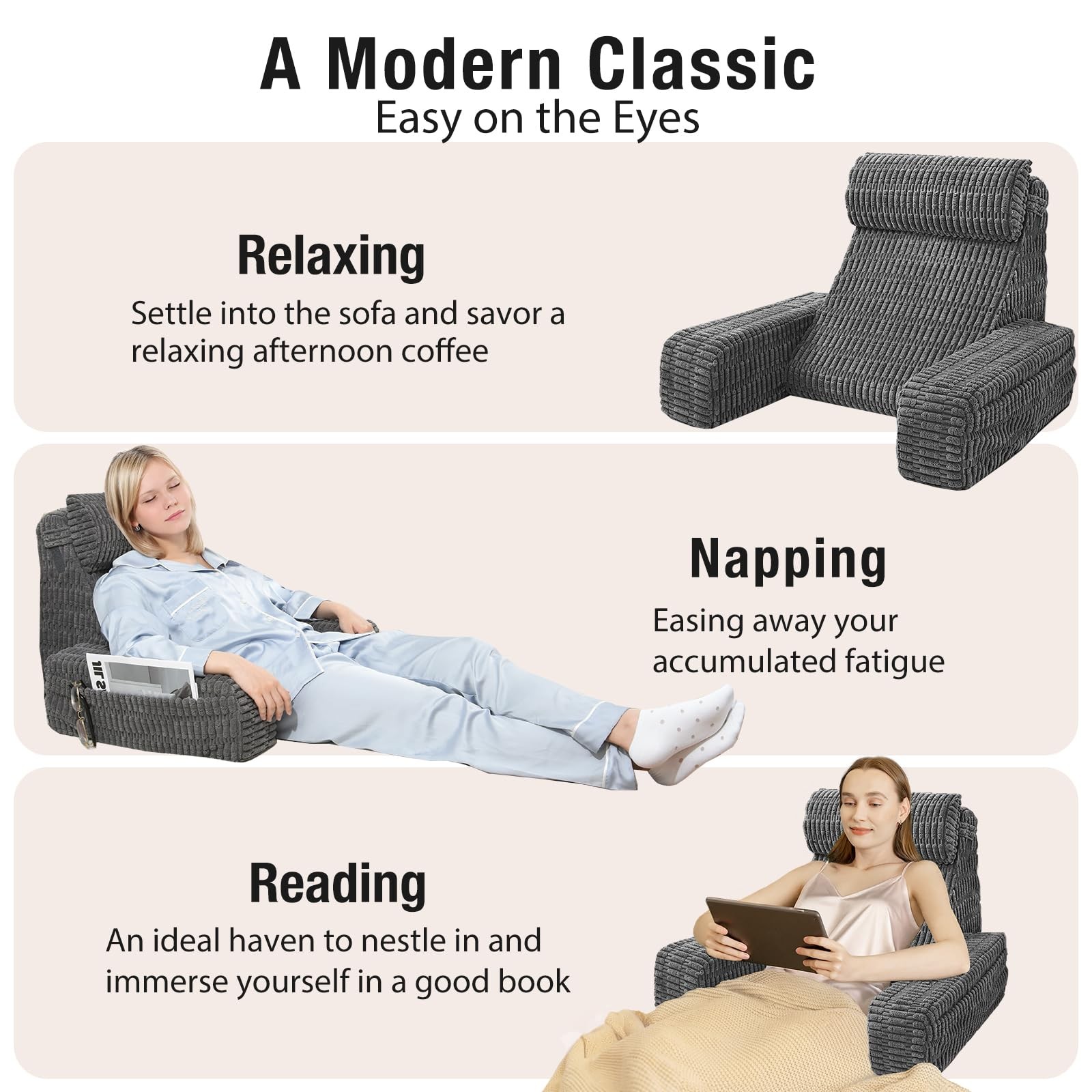 19" Reading Pillow for Bed with Built-in Arms & Large Pockets, Supportive Bac...
