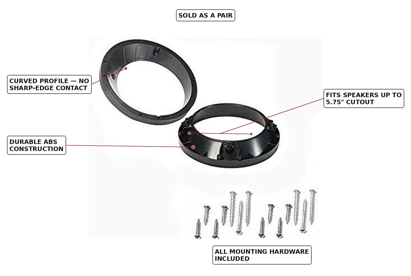Custom Install Parts Speaker Adapter Rings, Pair, 5.25 to 6.5-Inch Black
