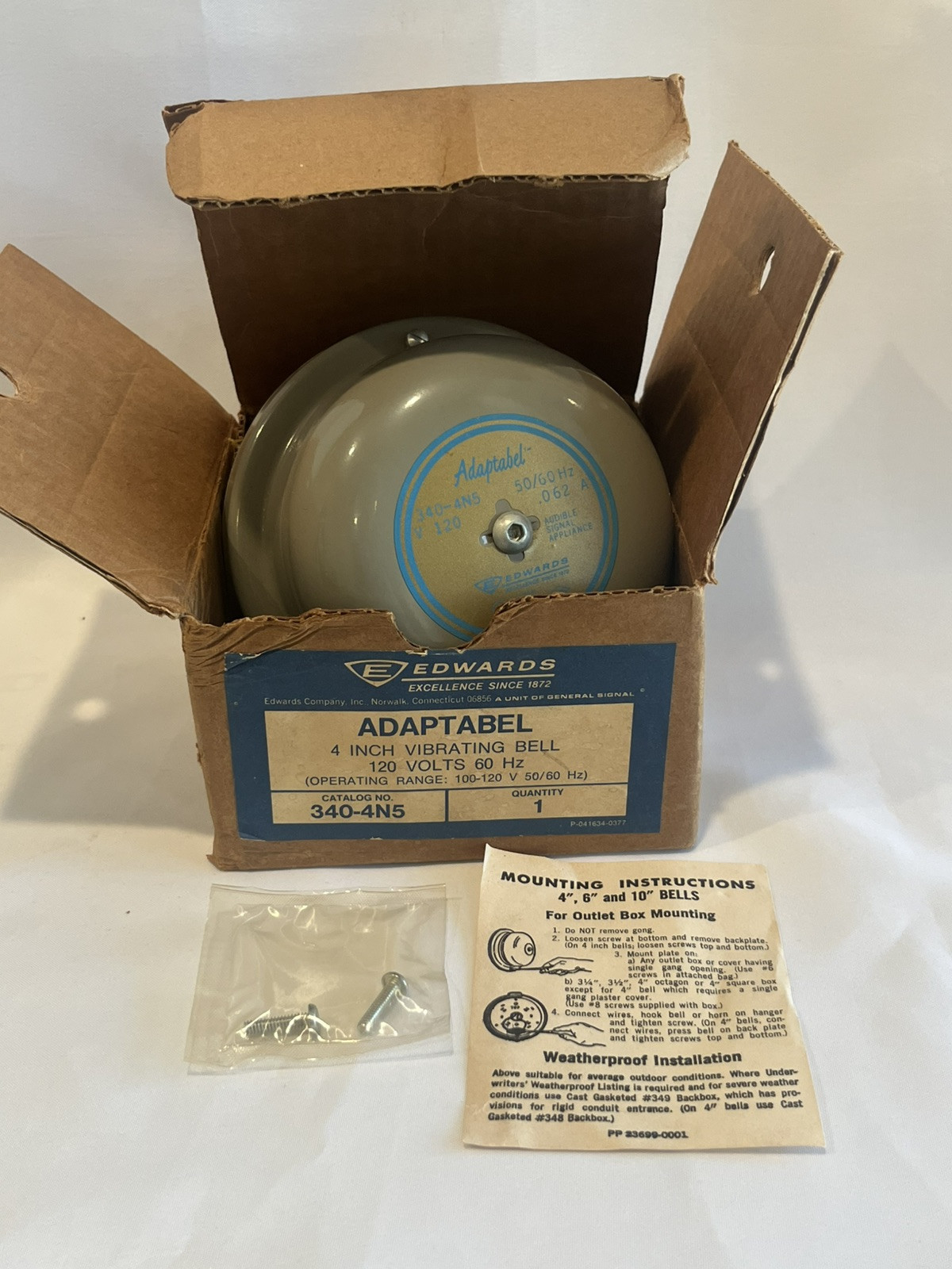 NEW EDWARDS 340-4N5 ADAPTABLE 4" GRAY VIBRATING SIGNALING BELL 120V 50/60HZ