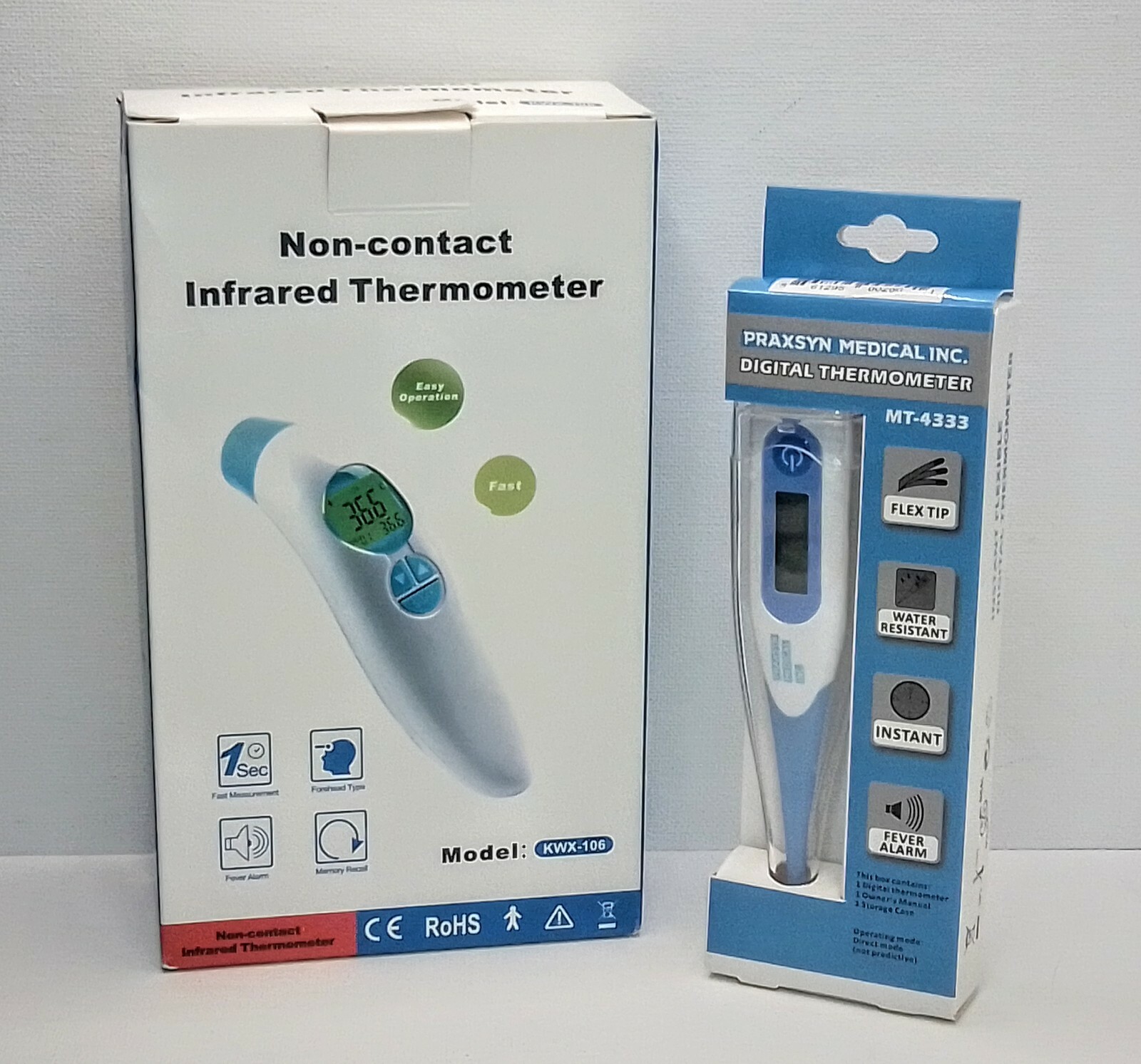 1 ROHS KWX-106 NON-CONTACT INFRARED & 1 PRAXSYN MEDICAL MT-4333 THERMOMETERS