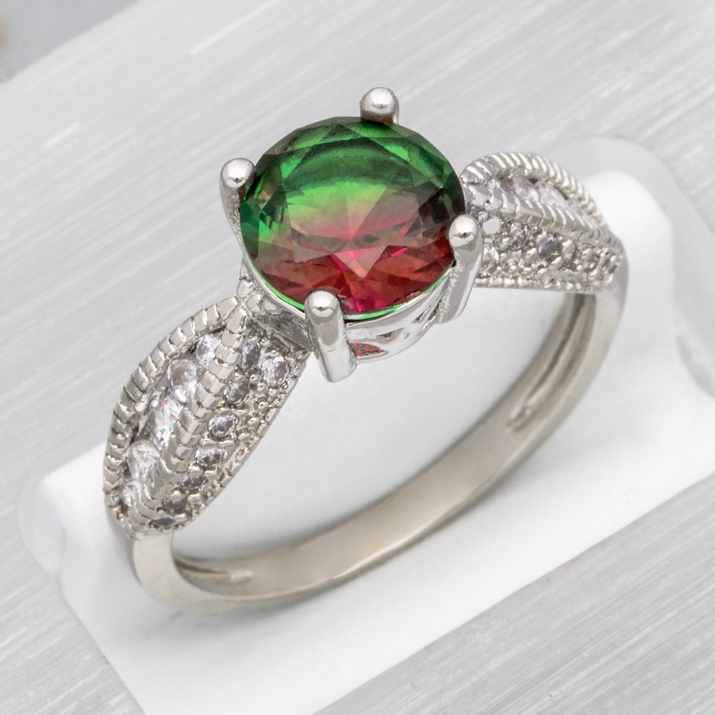 Round Watermelon Simulated Tourmaline CZ Silver Jewelry Women Ring Size 7 8 9
