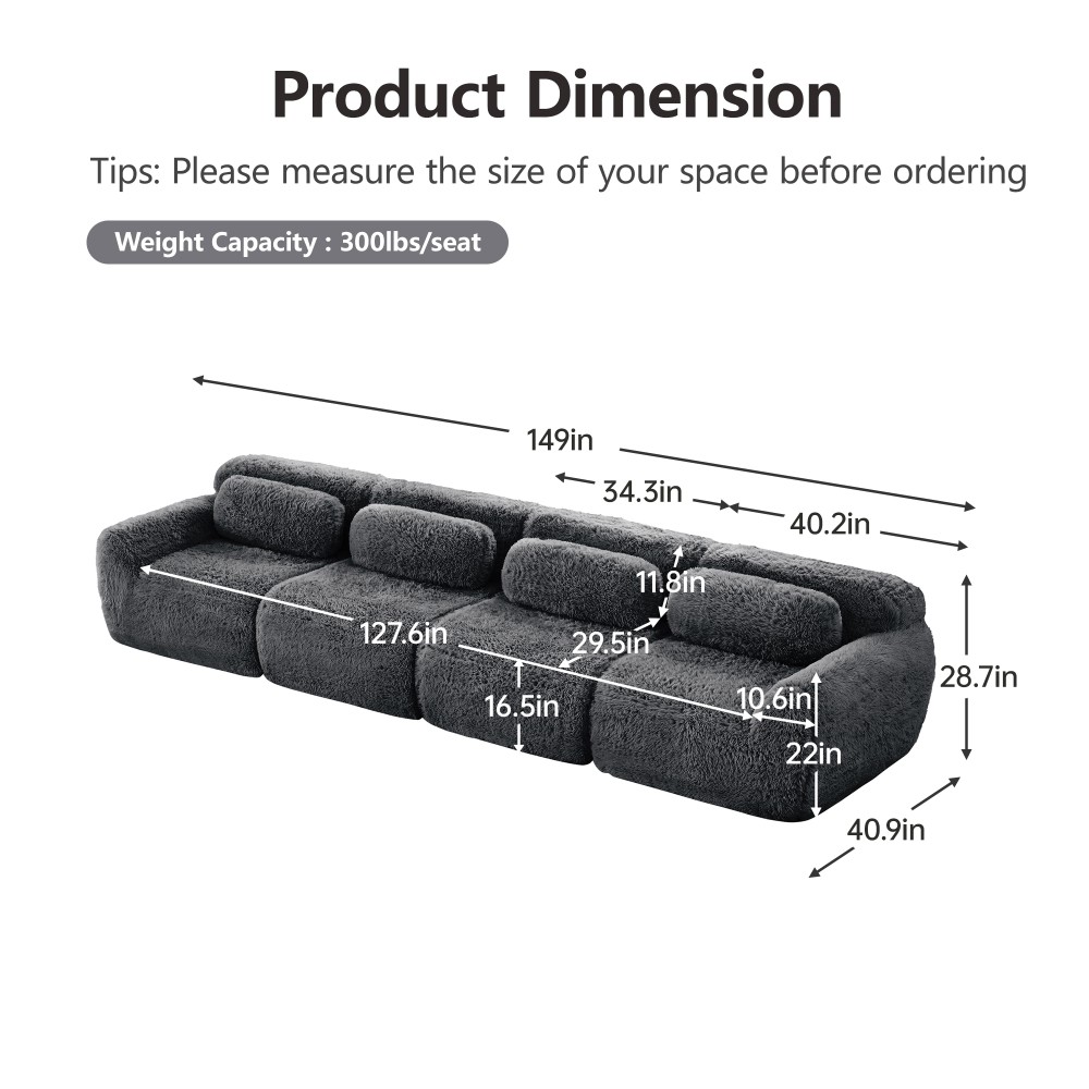 149'' Modular Plush Sofa w/Non-slip Base, Dark Grey, 32D Sponge