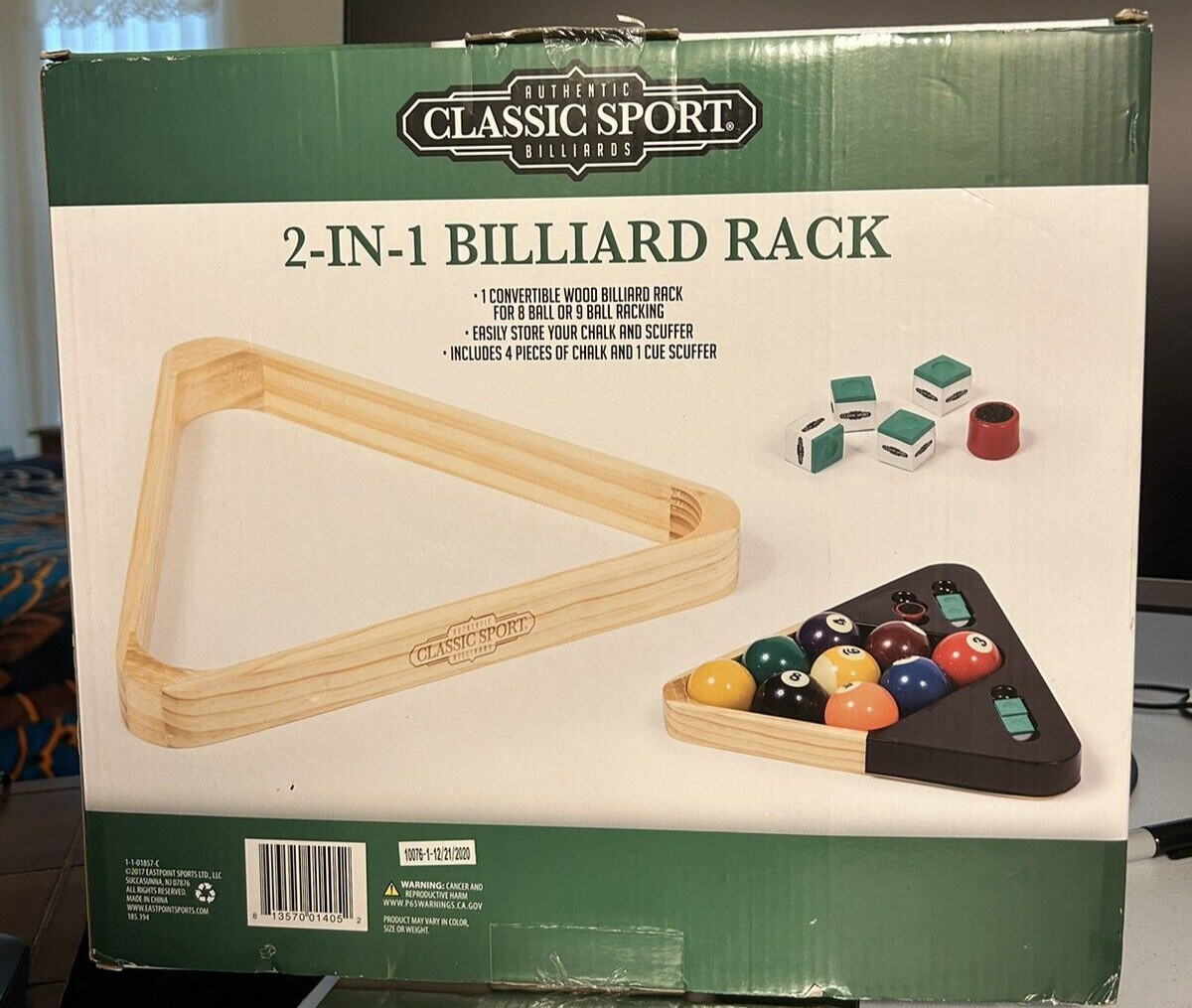 Classic Sport 2-in-1 Hardwood Billiard Rack  W/ Chalk & Scuffer 8 Ball 9 Ball