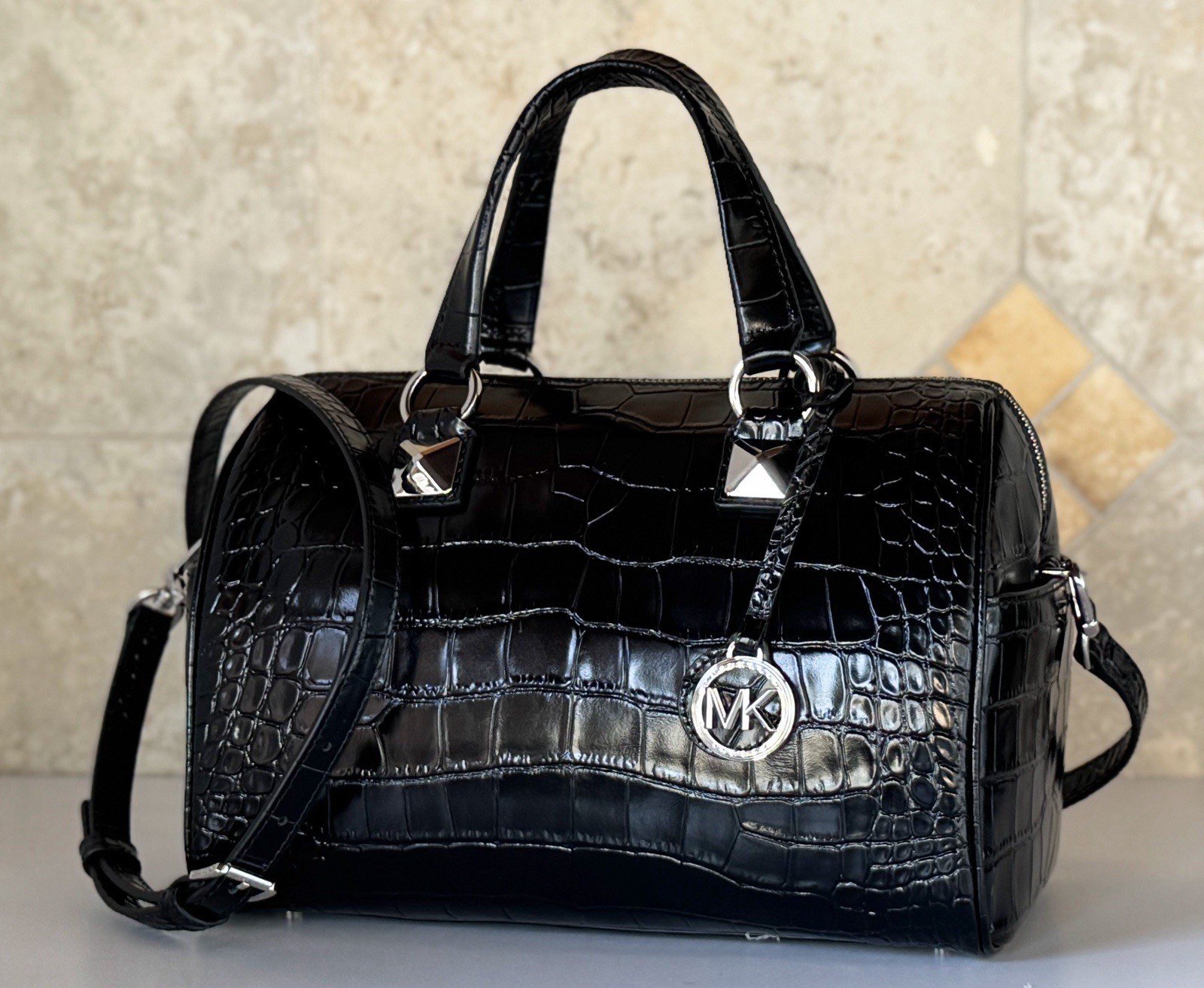 Michael Kors Grayson Medium Satchel Shoulder Exotic Embossed Leather Bag Black