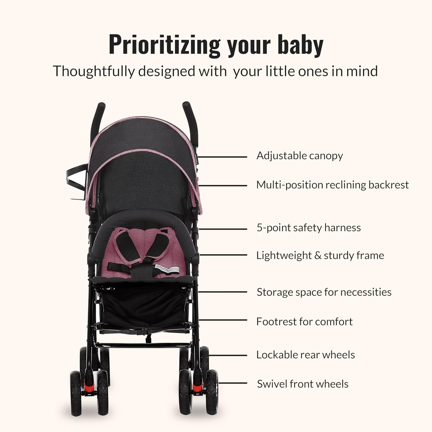 Multi-Position Reclining Umbrella Stroller with 10-Inch Back Wheels and Canopy
