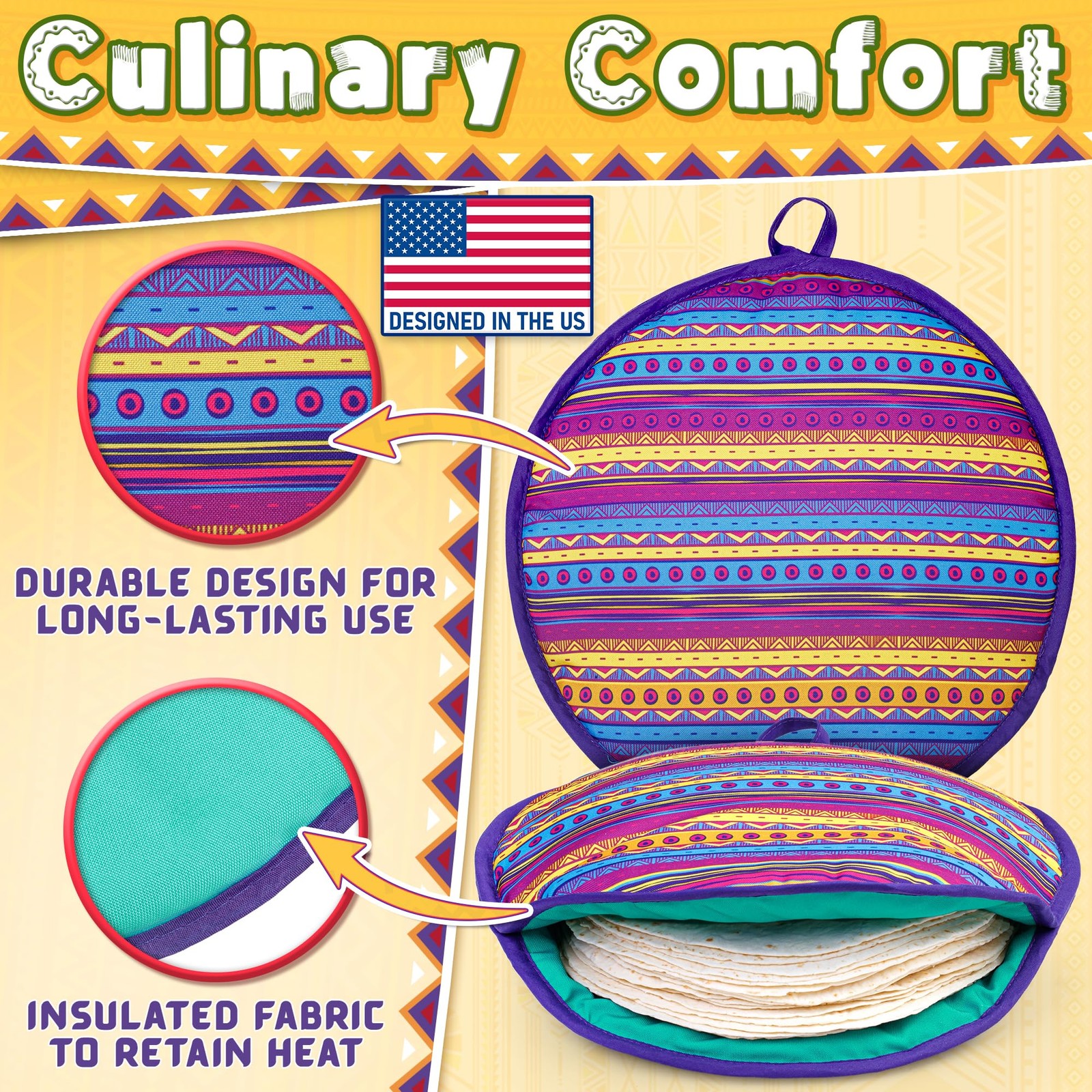 Tortilla Warmer Pouch (Multicolor, 12 Inch), Microwavable 12 Inch, Multicolor