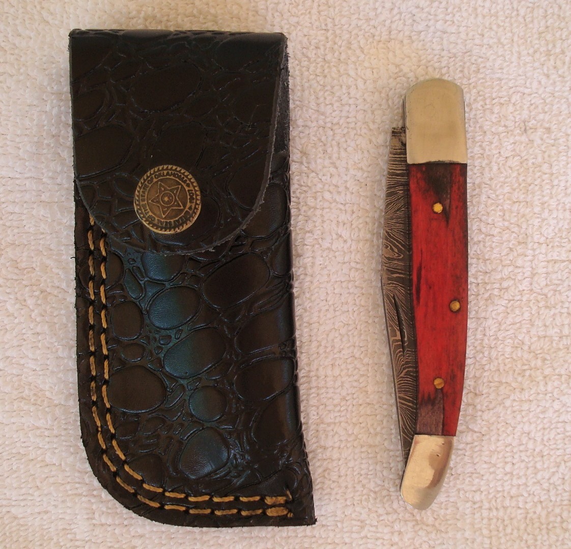 Damascus Steel Pocket Folding Knife with Red & Black Resin Handle, Black Case