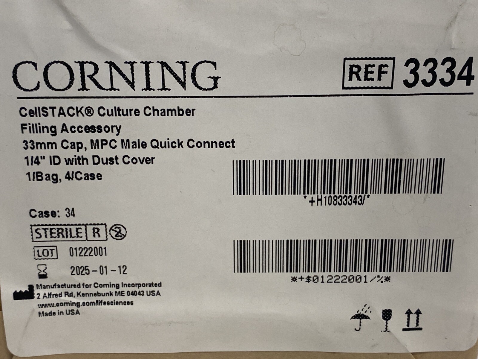 (4/Cs) CORNING CellStack Culture Chamber Filling Cap Accessory 33mm MPC Quick