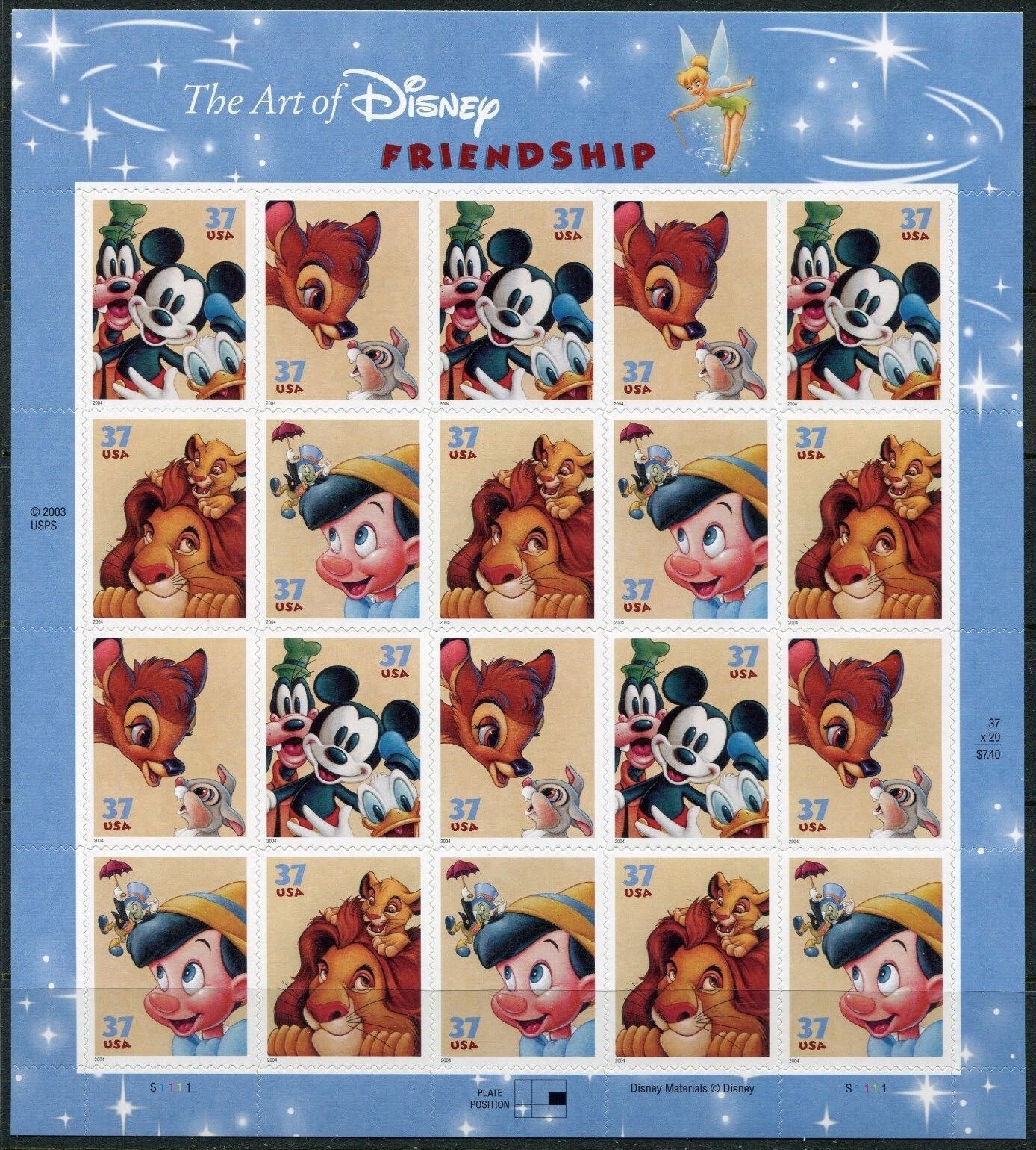 20 DISNEY CARTOON STAMPS: Mouse Dog Duck Lion Cub Deer Fawn Rabbit Bunny Cricket