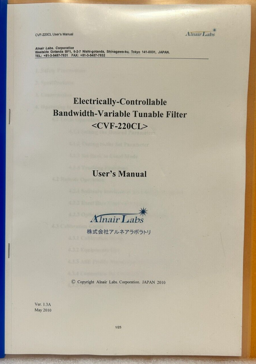 Alnair Labs CVF-220CL 2010 Electronically-Controllable Tunable Filter Manual.