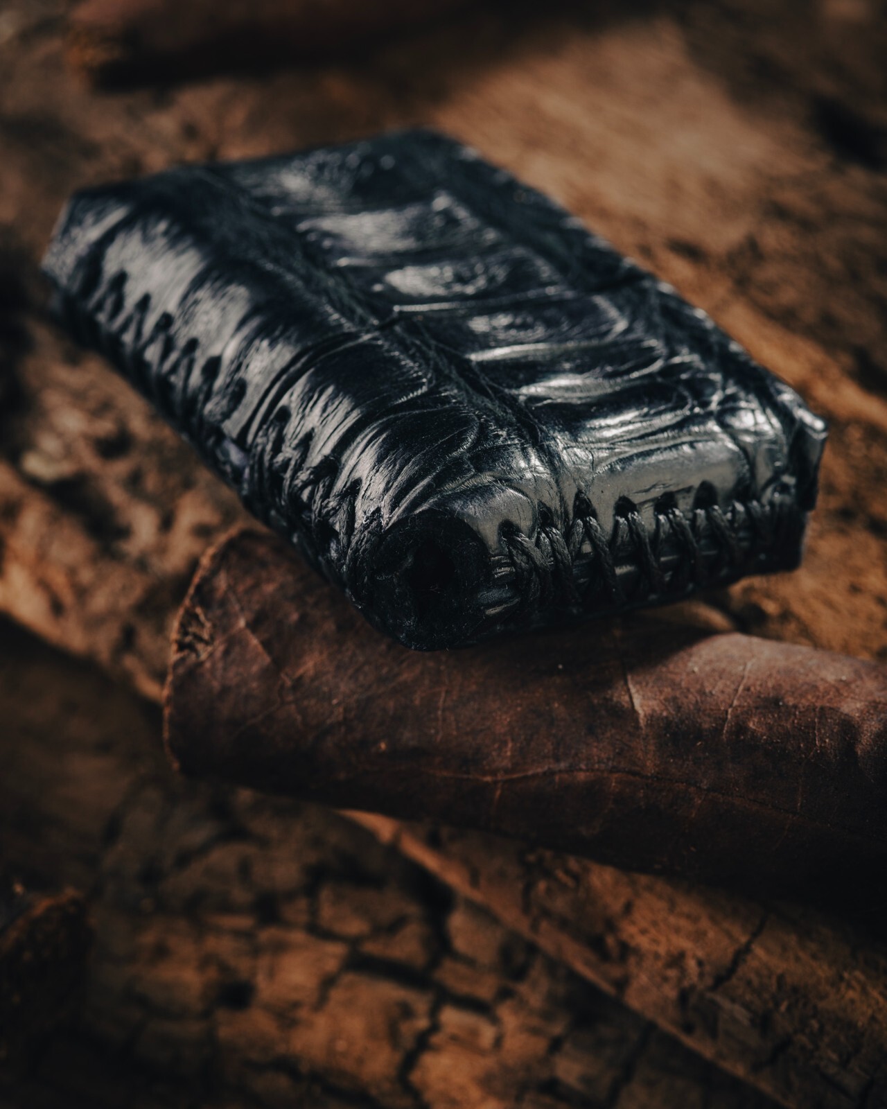 Custom wrapped Zippo lighter in black Gator belly hide