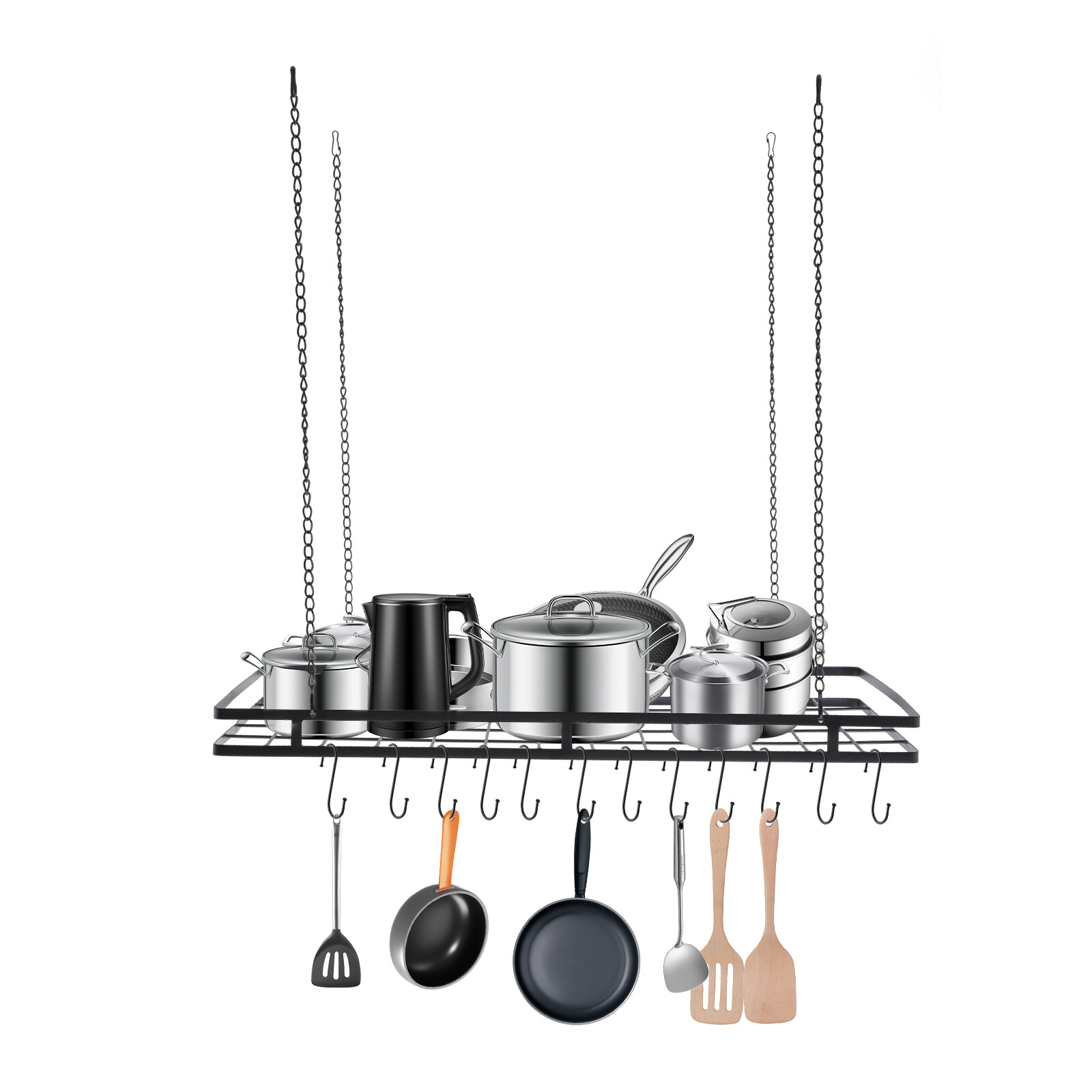Modern Hanging Pot Holder Pan Hanger Kitchen Ceiling Rack with 12 Hooks Black