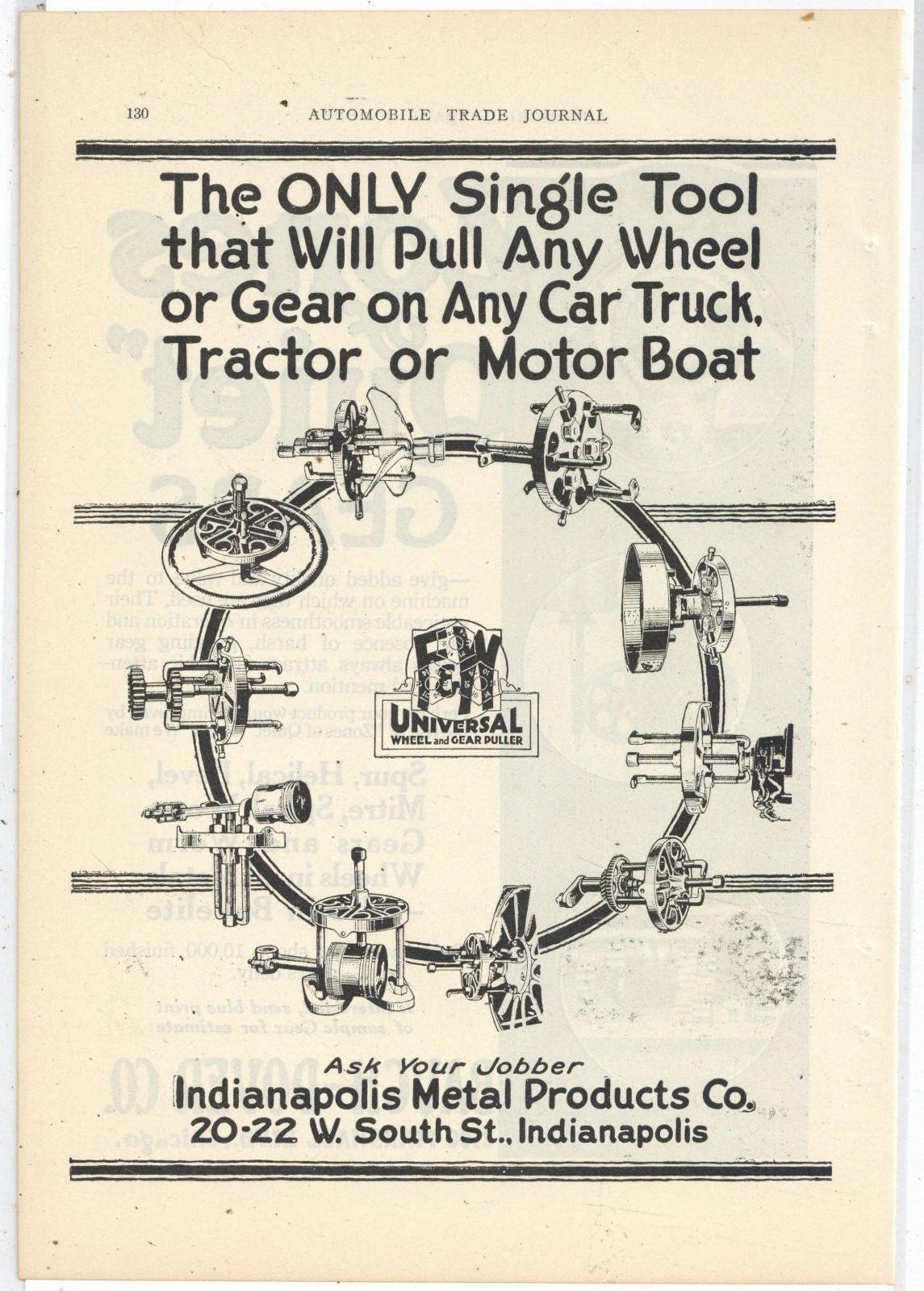 1920 Indianapolis Metal Products Co. Ad: F&W Universal Wheel & Gear Puller