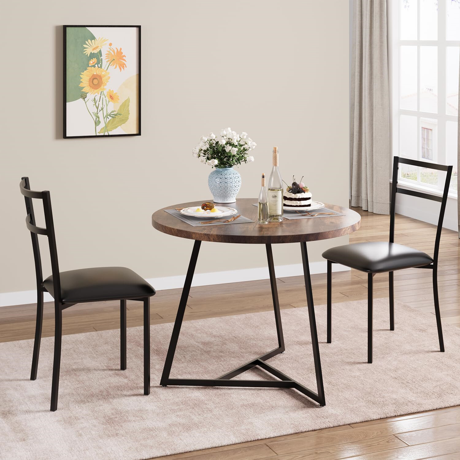 3pcs Dining Table Set Kitchen Table and Chairs Upholstered Chairs for Apartment