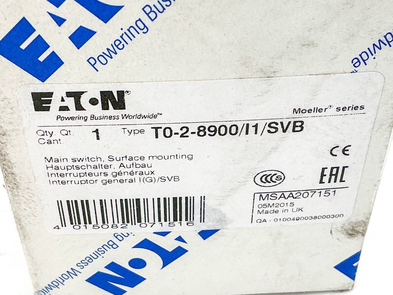 New Eaton T0-2-8900/I1/SVB Main Switch Surface Mounting
