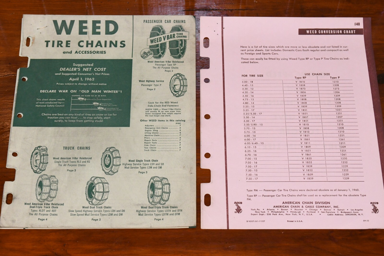 1962 Weed Tire Chains Garage Dealer Price List Brochure Catalog Vintage