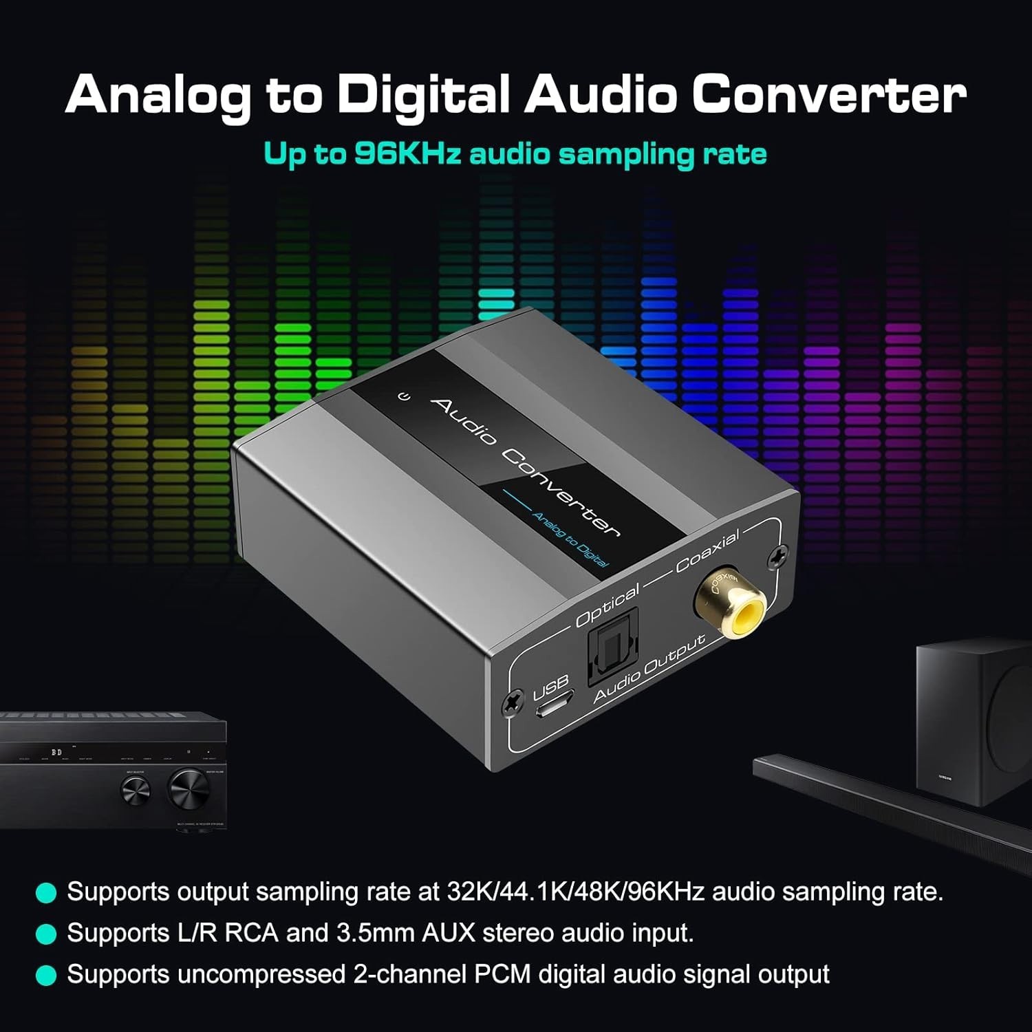 VPFET Analog to Digital Audio Converter RCA Optical with Cable 3.5mm AUX...