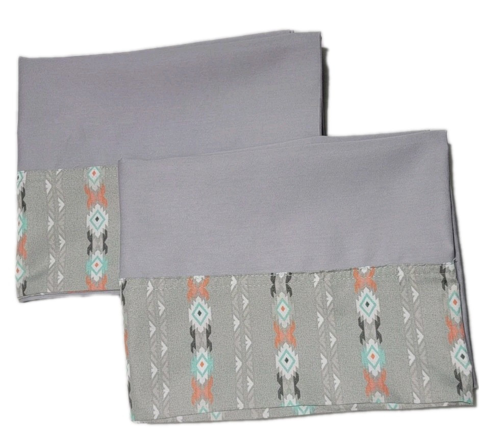 Set of 2 Grey Polyester Pillowcases W/ Aztec Print Cuff.  20 X 31...