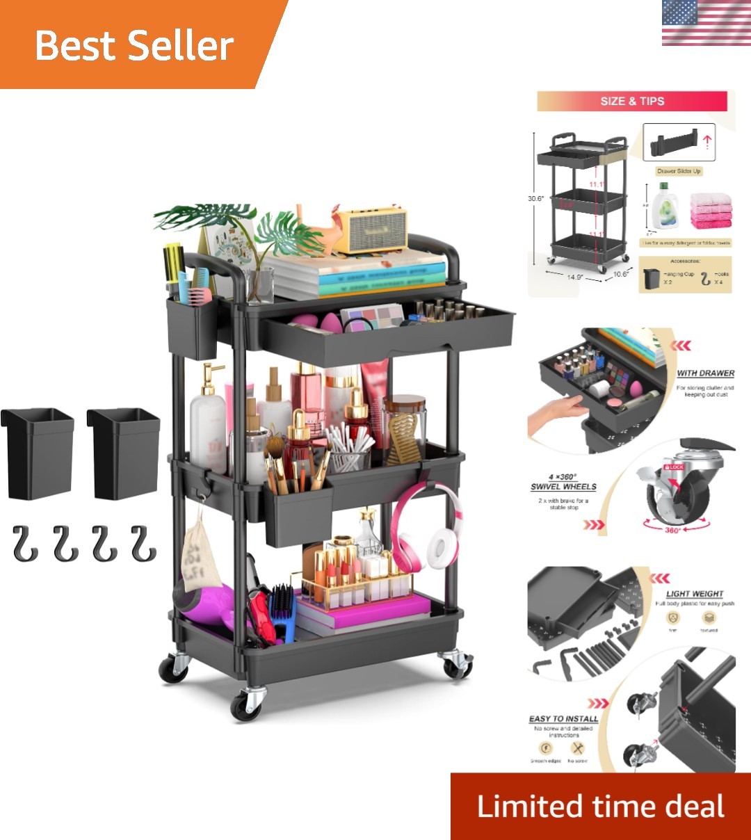 Sturdy Black Utility Cart with Lockable Wheels - Perfect for Craft and Home Use