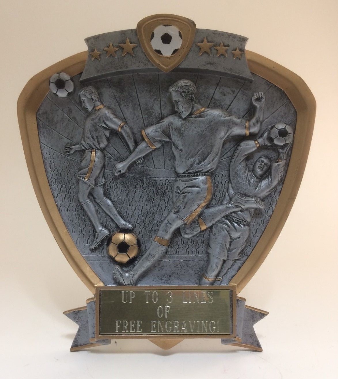 MALE SHIELD SOCCER RESIN TROPHY!  FREE ENGRAVING!  SHIPS IN 1 BUSINESS DAY!!