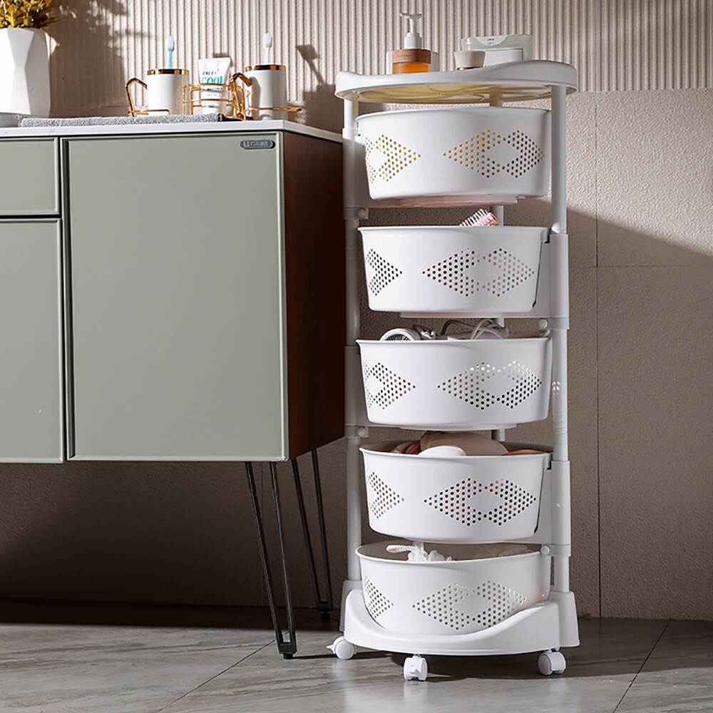 5 Layer Kitchen Rotating Organizer Rack Fruit Vegetable Storage Basket w/ Wheels