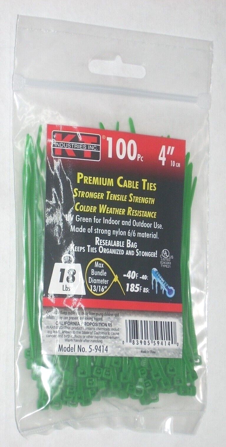 KT Industries 5-9414 Premium Green Cable Ties 4" Long 18 lb Cap 100 pk