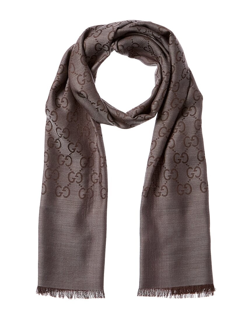 Gucci Logo Small Jacquard Wool & Silk-Blend Scarf Women's Grey