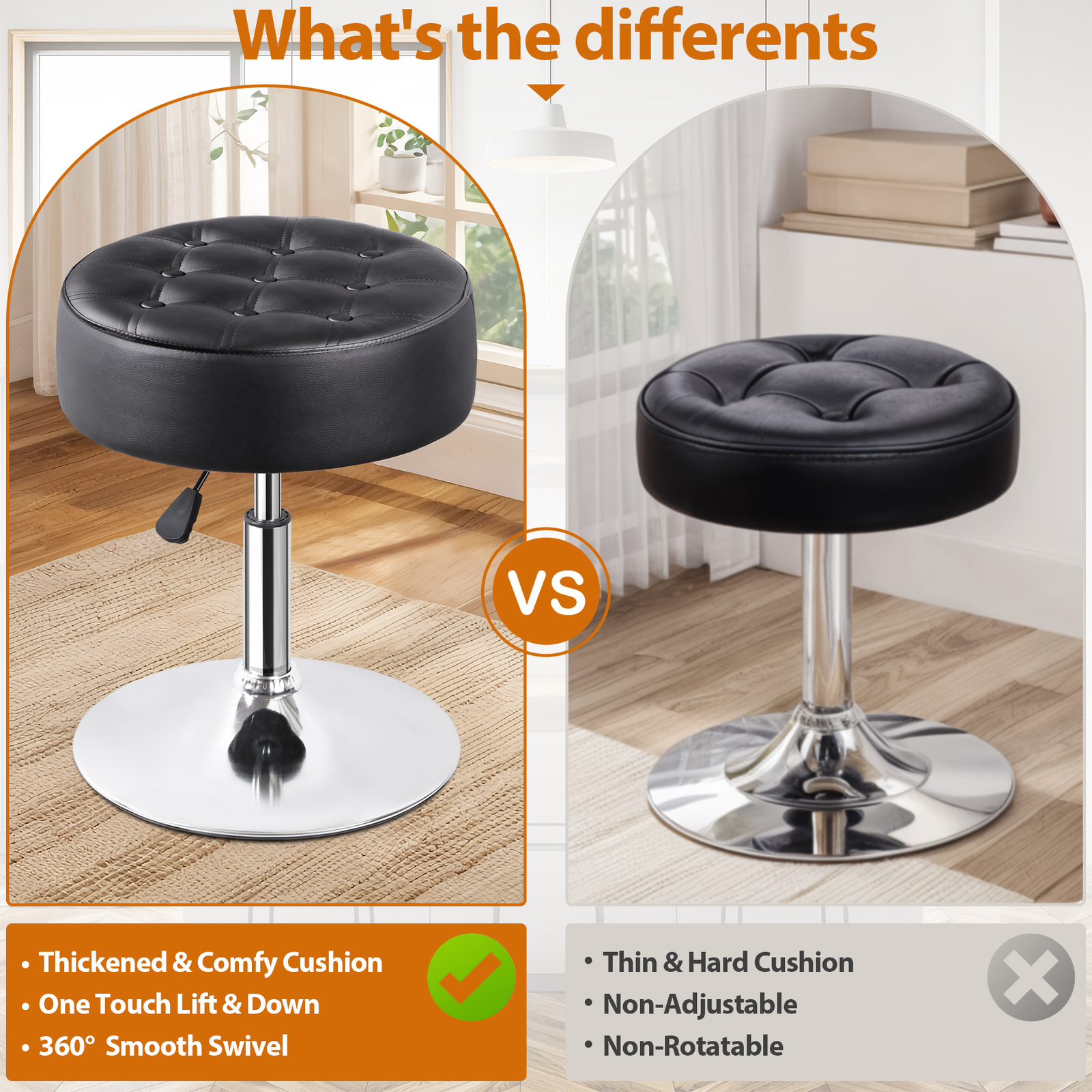 2PCS Adjustable Vanity Stool PU Leather Ottoman Stool for Bedroom w/Base Black