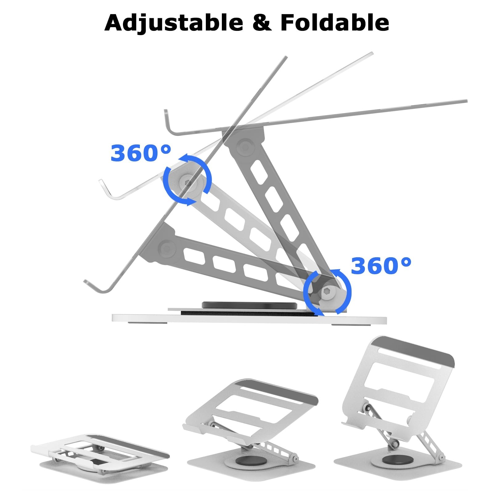 Silver Adjustable Laptop Stand 360 Rotating Computer Riser Fits Up To 16 Inch