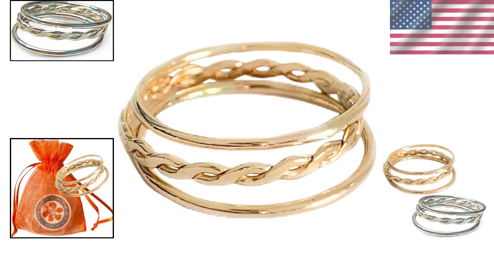 Gold Filled Toe Rings Set - Braid Stack Design
