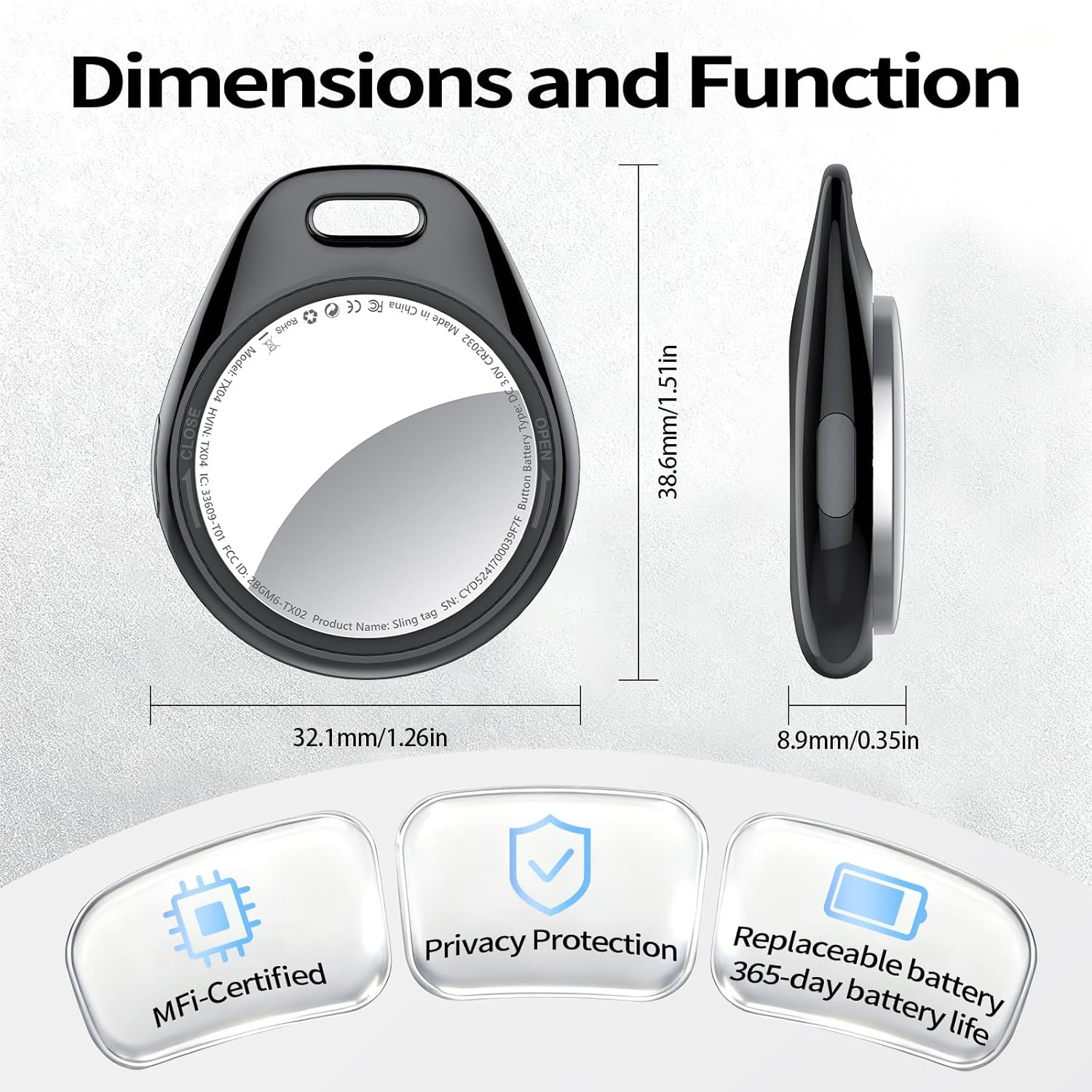 [iOS Only] Tukio Air Tracker Tags 4 Pack Black, [Apple MFi Certified] Bluetooth