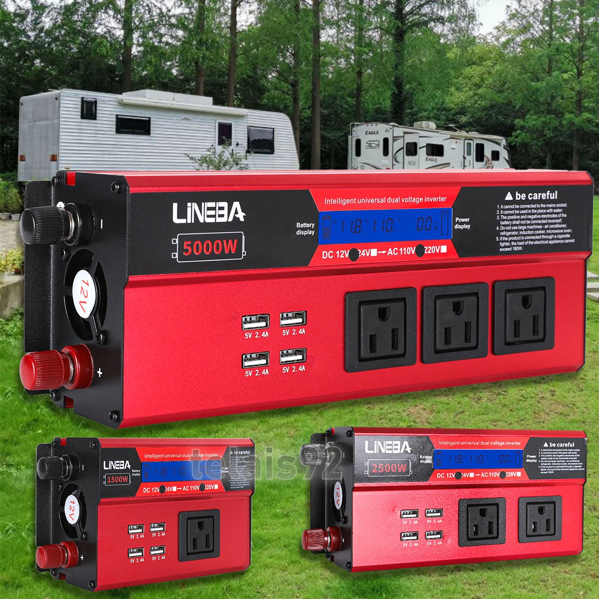 DC 12V 24V to AC 110V 5000W Peak Power Inverter Car Converter 4 USB 3 Socket