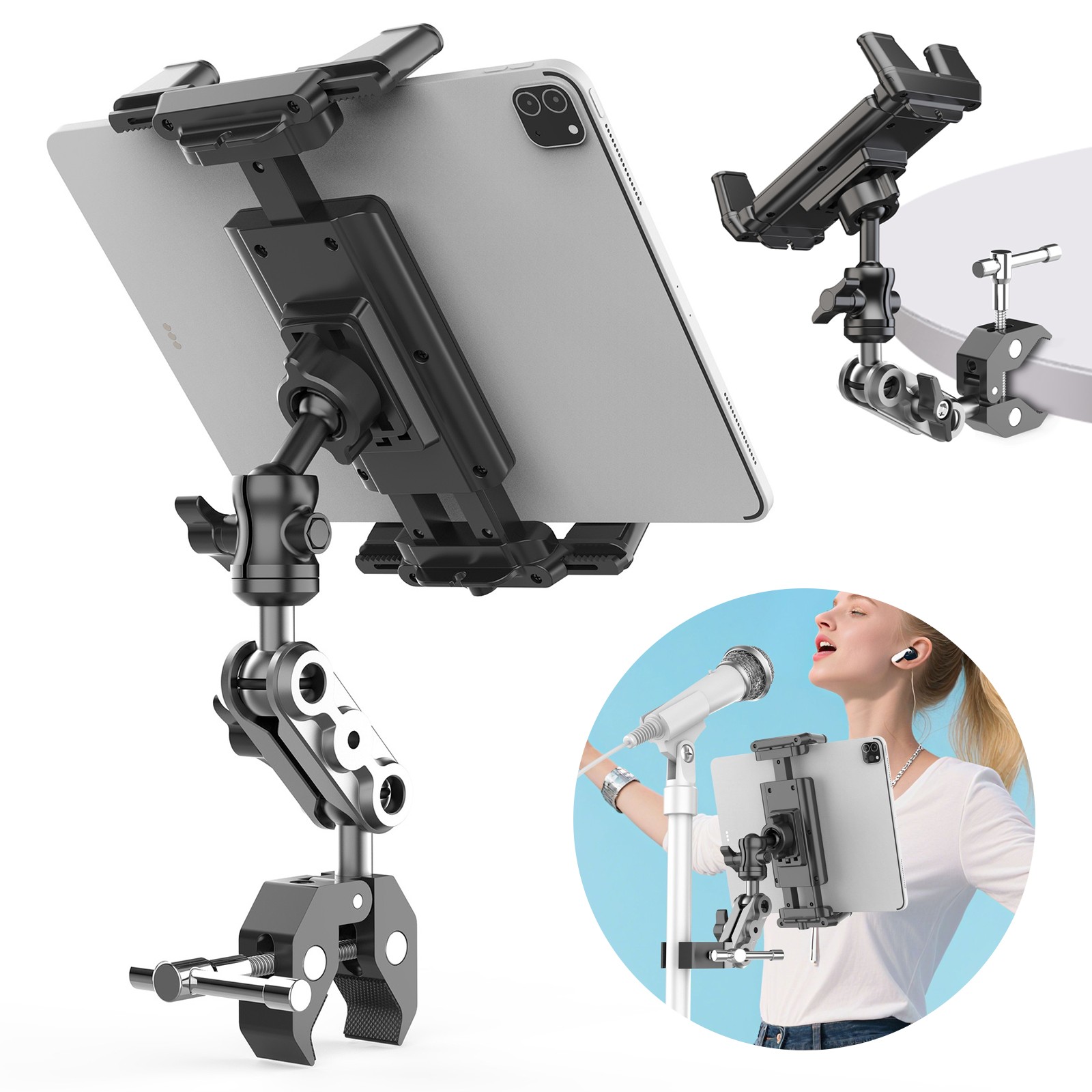 4.7-12.9" iPad Tablet Phone Mount for Mic Stand Spin Bike Treadmill 360°Rotation
