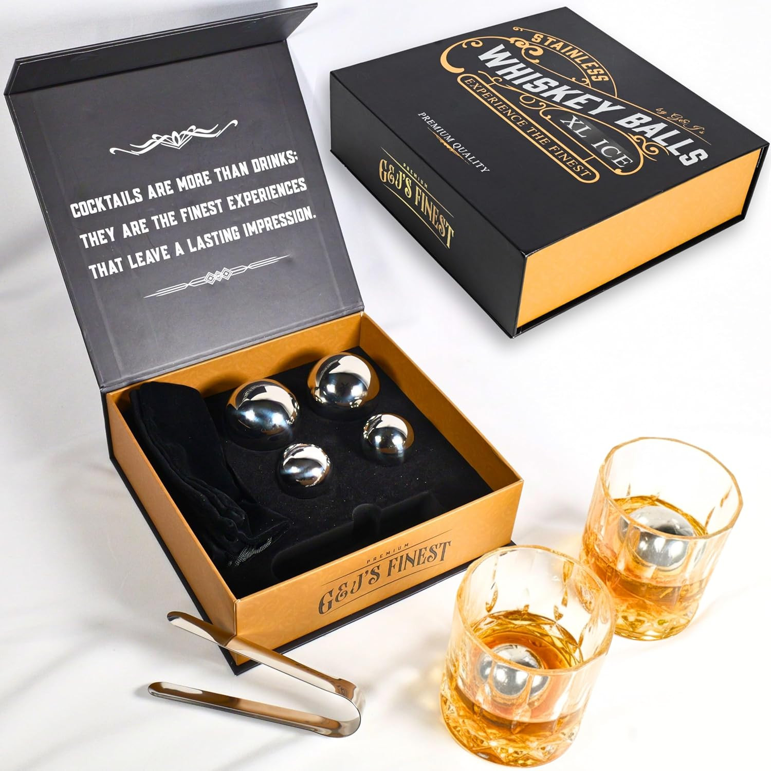 Gifts for Men, Dad, Husband - 4 Stainless Steel Whisky Ice Balls(2Xl,2L), Tongs